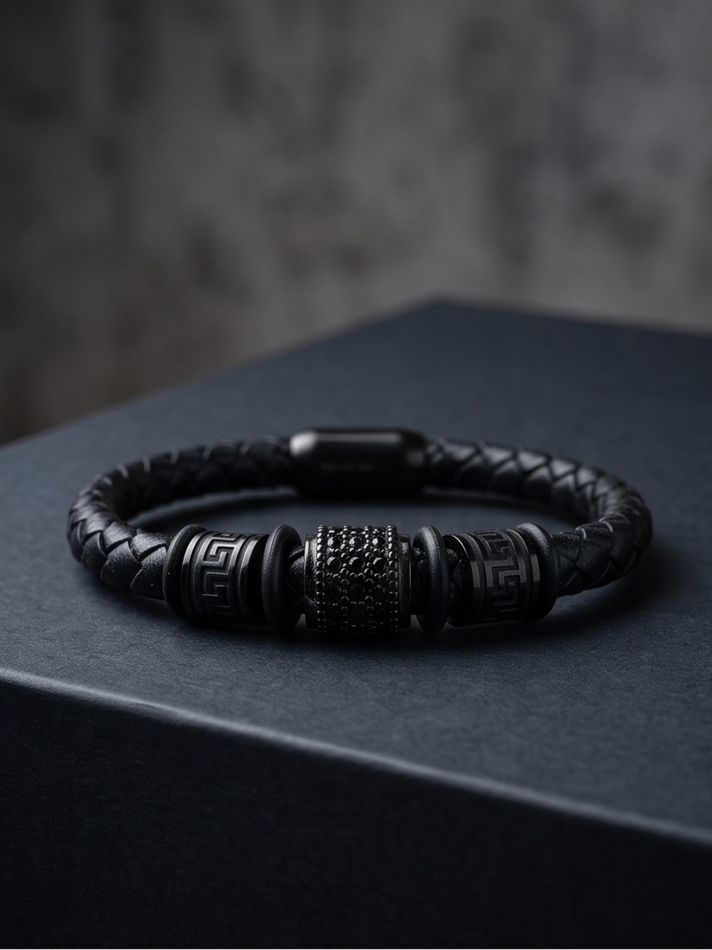 Men's Black Braided Leather Bracelet with Greek Key and Black Stones S. Steel 9”